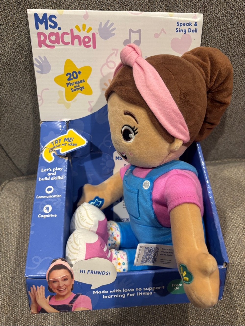 Rachel Plush Doll in Pink Headband and Blue Overalls